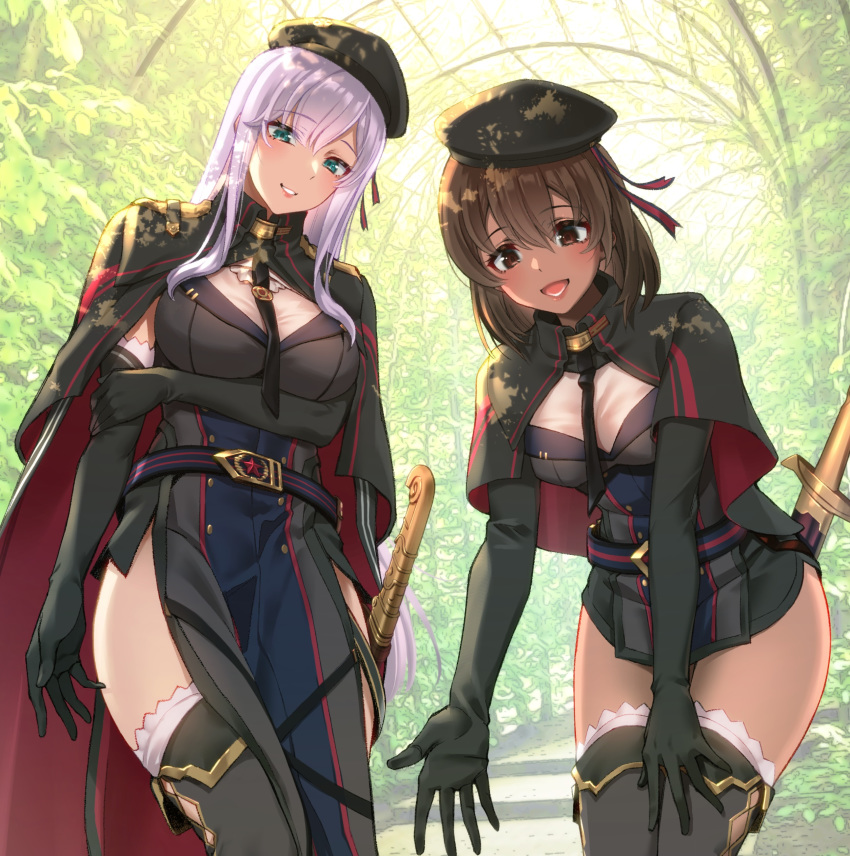 2girls :d absurdres alexandra_(suzuame_yatsumi) arm_across_waist bangs belt beret blue_eyes blush boots breasts brown_hair cape capelet dress elbow_gloves eyebrows_visible_through_hair gloves hair_between_eyes hat highres large_breasts lavender_hair long_hair looking_at_viewer military military_uniform multiple_girls necktie open_mouth original pelvic_curtain reaching_out red_eyes shalifa_(suzuame_yatsumi) short_dress short_hair sidelocks smile suzuame_yatsumi sword thigh-highs thigh_boots thighs uniform weapon