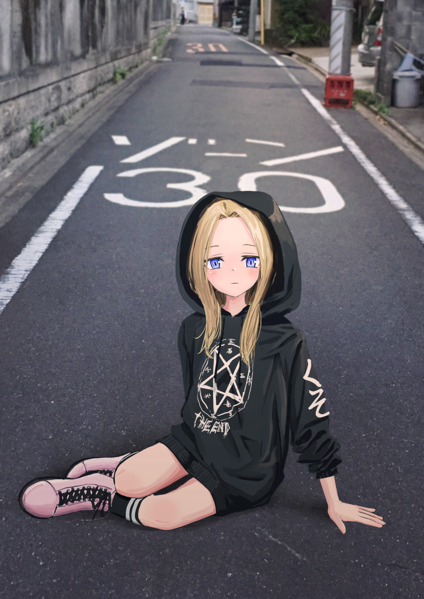 1girl absurdres black_hoodie blonde_hair blue_eyes boots closed_mouth clothes_writing cross-laced_footwear highres hood hood_up long_hair long_sleeves looking_at_viewer nadegata original outdoors pentacle photo_background pink_footwear sitting solo