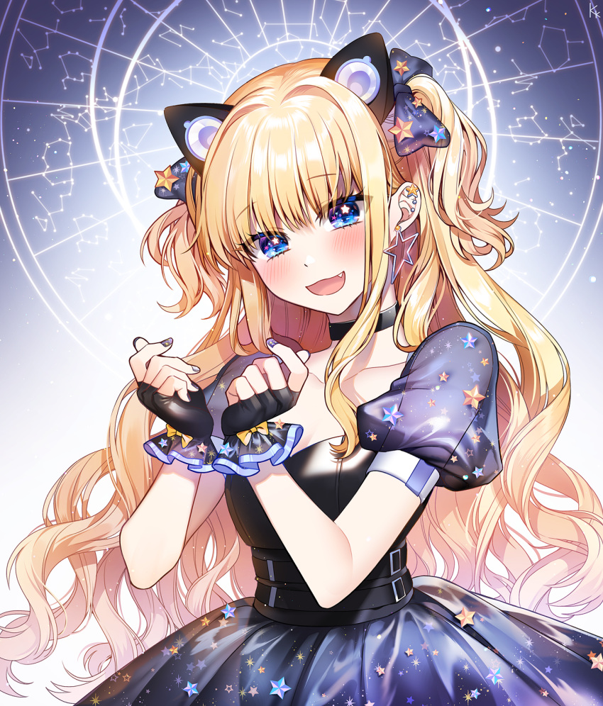 1girl :d animal_ears bangs black_choker black_gloves black_nails blue_eyes blush bow cat_ears choker clenched_hands collarbone commentary constellation dress ear_piercing earrings english_commentary fake_animal_ears fang fingerless_gloves frilled_gloves frills gloves hair_bow hands_up highres jewelry kakon long_hair looking_at_viewer nail_polish navy_blue_bow navy_blue_dress open_mouth piercing print_dress puffy_short_sleeves puffy_sleeves seeu short_sleeves sidelocks smile solo star_(symbol) star_chart star_earrings star_print two_side_up very_long_hair vocaloid wavy_hair