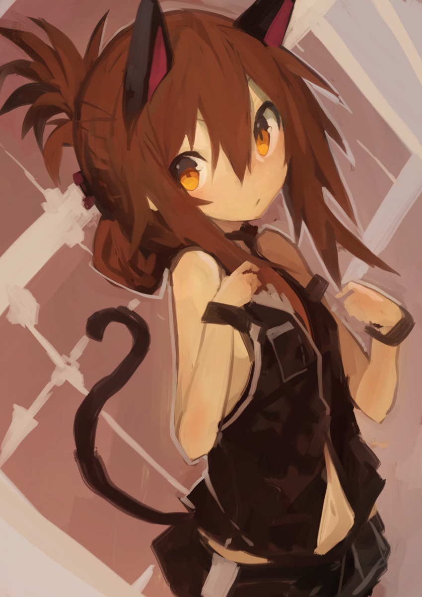 1girl absurdres alternate_costume animal_ears bangs black_shirt black_skirt blush brown_hair cat_ears cat_tail closed_mouth folded_ponytail hair_between_eyes highres inazuma_(kantai_collection) kaamin_(mariarose753) kantai_collection orange_eyes ponytail shirt simple_background skirt sleeveless sleeveless_shirt solo tail