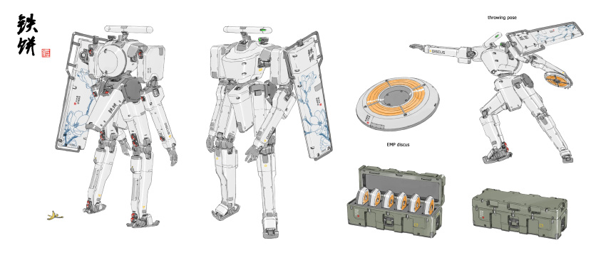 8bitwizard absurdres ammo_box banana_peel box disc highres mecha multiple_views no_humans open_hands original size_difference white_background