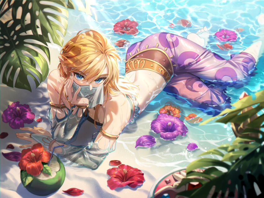 1boy absurdres ass barefoot blonde_hair blue_eyes crossdressinging detached_sleeves flower gerudo_link hibiscus highres huge_filesize link looking_at_viewer lying mouth_veil ninto on_side otoko_no_ko palm_leaf pointy_ears shade solo the_legend_of_zelda the_legend_of_zelda:_breath_of_the_wild toes water wet
