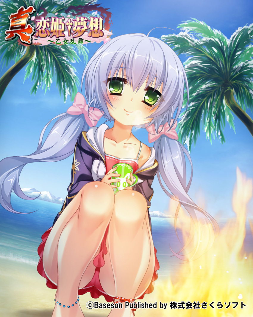 (#)w(#) 1girl anklet ass beach bikini bikini_skirt blue_hair blue_jacket blush can clouds fire green_eyes highres houtou jacket jewelry koihime_musou legs long_hair low_twintails ocean off_shoulder official_art outdoors palm_tree red_bikini red_skirt ribbon skirt sky soda_can solo squatting swimsuit thighs tree twintails