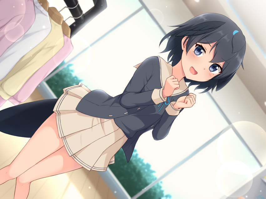 1girl :d absurdres alternate_costume bangs beige_skirt black_hair black_shirt blue_hair blurry blurry_background casual clenched_hands clothes_hanger commentary day depth_of_field dutch_angle eyebrows_visible_through_hair greater_lophorina_(kemono_friends) hair_between_eyes hands_up heart highres indoors kemono_friends lens_flare long_sleeves looking_at_viewer open_mouth pleated_skirt shiraha_maru shirt short_hair skirt smile solo tail window