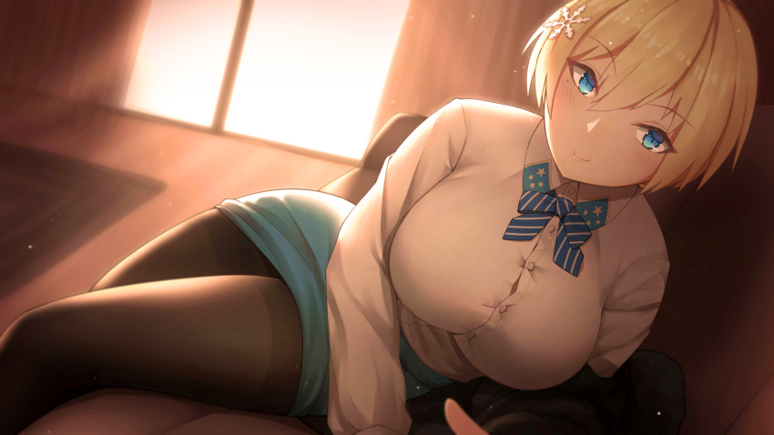 1girl absurdres bangs black_jacket black_legwear blonde_hair blue_eyes blue_neckwear blue_skirt blush breasts button_gap carpet collared_shirt commentary_request couch curtains dusk eyebrows_visible_through_hair girls_frontline hair_between_eyes hair_ornament highres indoors jacket jacket_removed large_breasts light_rays long_sleeves looking_at_viewer miniskirt mole mole_under_eye neck_ribbon pantyhose ribbon shirt shirt_tucked_in short_hair sidelocks sitting skirt smile snowflake_hair_ornament solo sunbeam sunlight thighband_pantyhose vsk-94_(girls_frontline) white_shirt window wo_you_yibei_jia_wanli