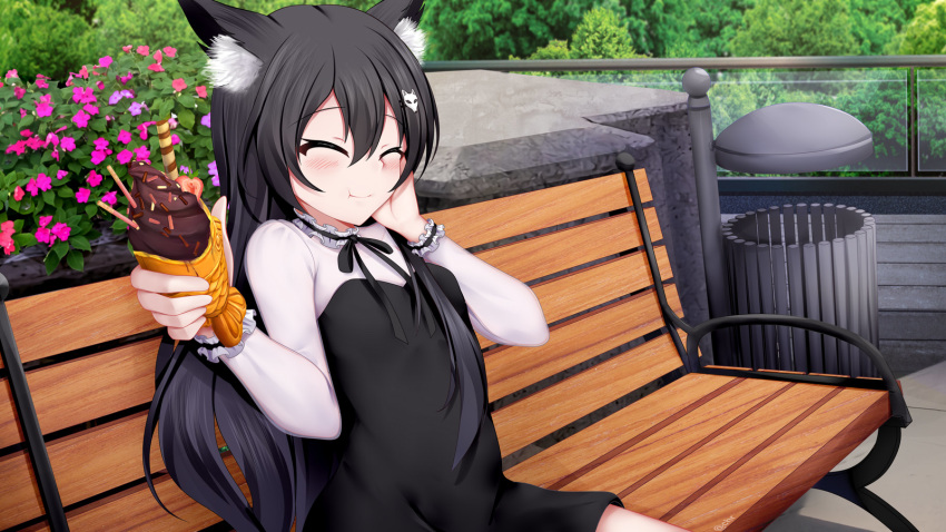 1girl :t ^_^ animal_ears bangs bench black_bow black_dress black_hair blush bow chrisandita closed_eyes closed_mouth commentary dress english_commentary eyebrows_visible_through_hair flower food fox_ears fox_hair_ornament hair_between_eyes hair_ornament hairclip hand_on_own_face hands_up highres holding holding_food long_hair long_sleeves on_bench original park_bench pink_flower shirt sitting solo strapless strapless_dress trash_can very_long_hair white_shirt