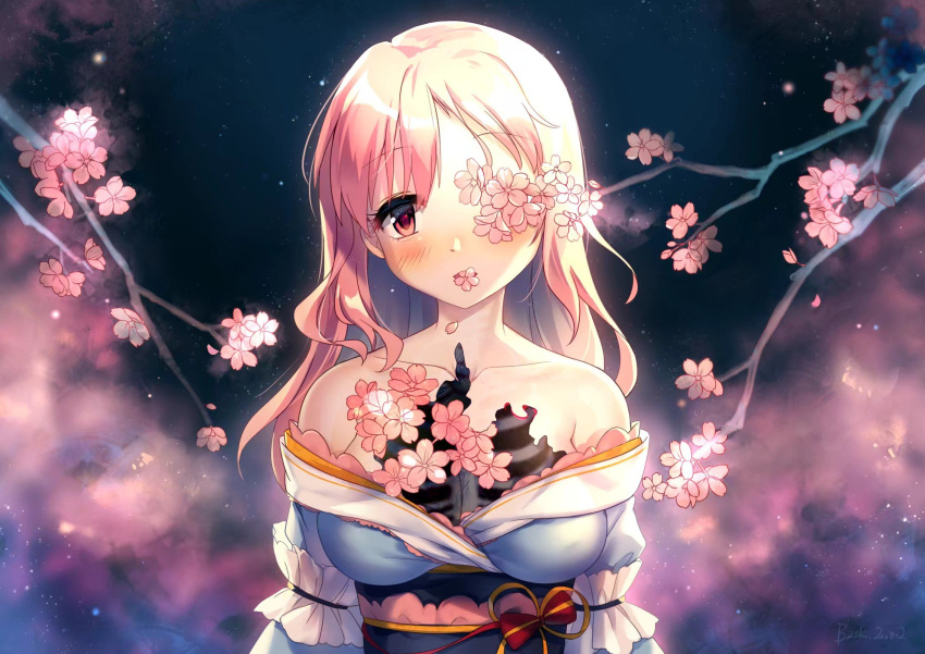 1girl artist_request bangs blue_kimono bone cherry_blossoms flower frilled_kimono frills highres japanese_clothes kimono long_sleeves looking_at_viewer obi petals pink_eyes pink_hair pink_theme ribs saigyouji_yuyuko sash short_hair skeleton solo touhou tree_branch wavy_hair wide_sleeves