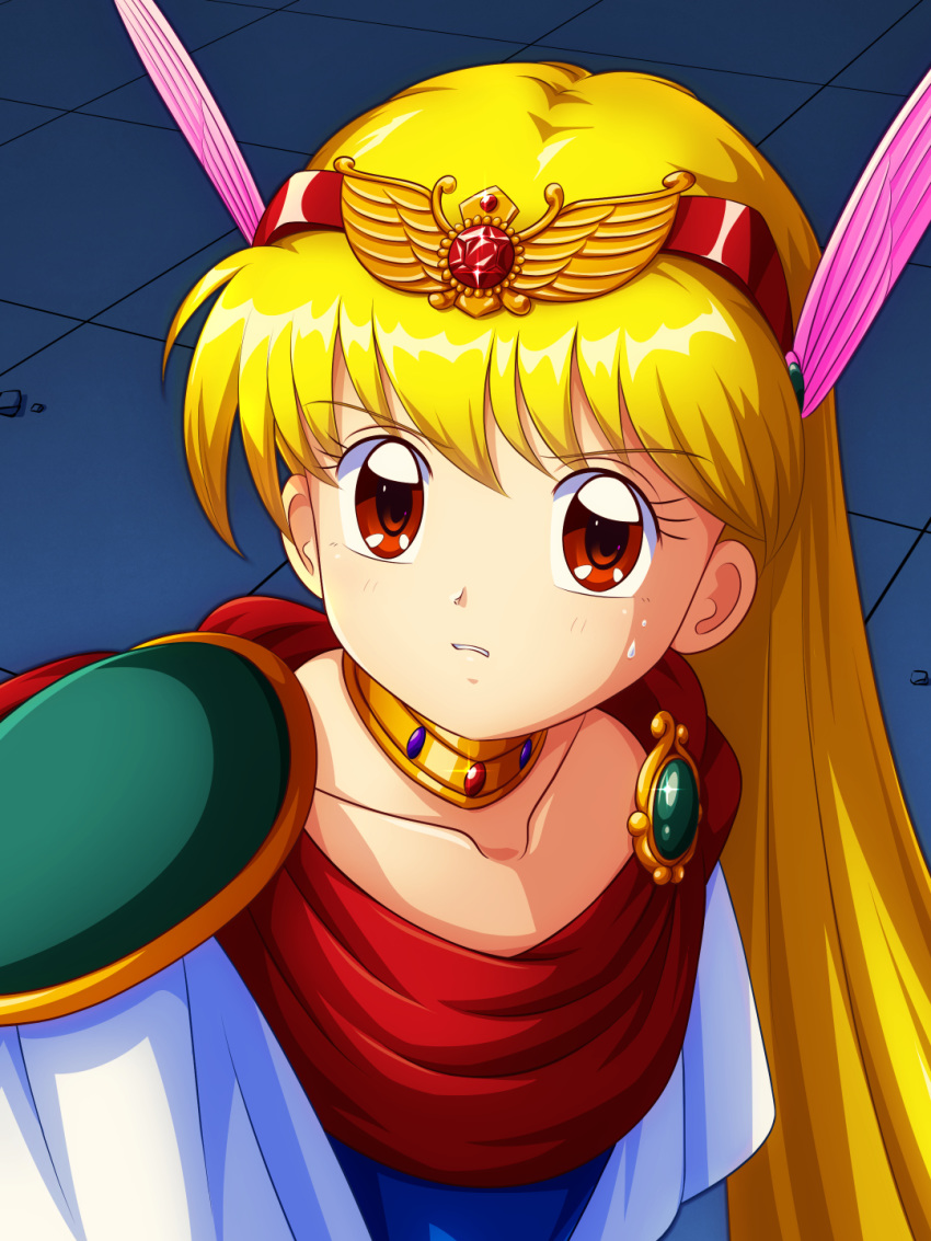 1girl akazukin_chacha bangs bishoujo_senshi_sailor_moon blonde_hair cape chacha_(akazukin_chacha) choker collarbone commentary_request eyebrows_visible_through_hair floor head_wings highres long_hair magical_princess mimimix parody red_eyes sailor_moon_redraw_challenge shiny shiny_hair solo sweat tiara upper_body