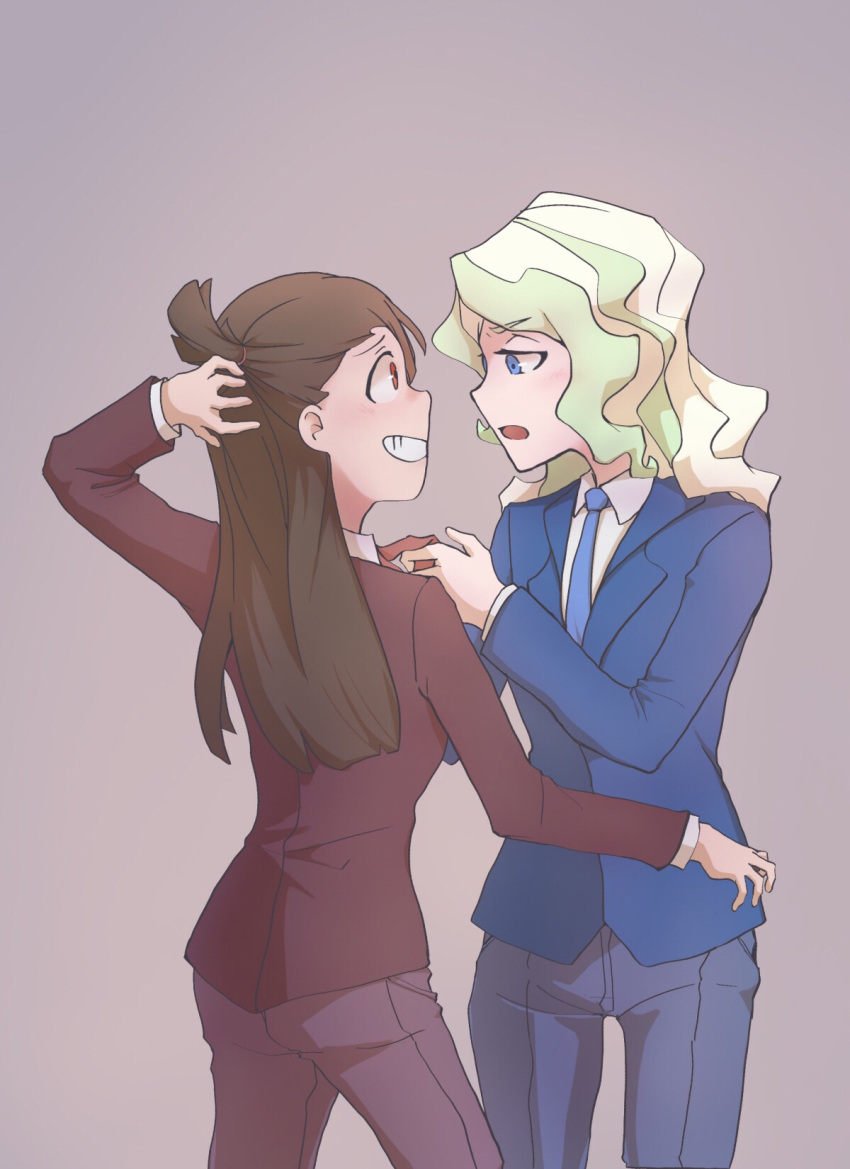 alternate_costume annoyed blonde_hair blue_eyes blush brown_hair couple diana_cavendish eye_contact formal highres kagari_atsuko little_witch_academia long_hair looking_at_another multicolored_hair nervous open_mouth red_eyes simple_background suit two-tone_hair usbfan wavy_hair yuri