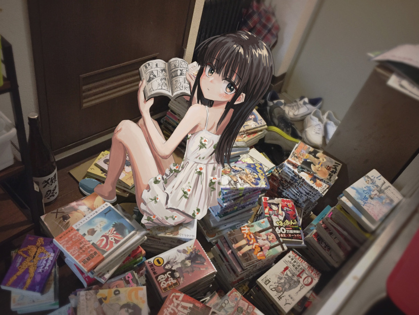 1girl bare_arms bare_shoulders book book_stack bottle brown_eyes brown_hair camisole closed_mouth door eyebrows_visible_through_hair from_behind highres holding indoors long_hair looking_at_viewer manga_(object) nadegata open_book original photo_background reading slippers solo