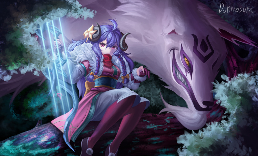 1girl absurdres ahoge alternate_costume alternate_hair_color alternate_hairstyle artist_name bow braid commentary_request flower forest gloves hair_between_eyes hair_bow hair_flower hair_ornament highres horns in_tree kindred korean_commentary lamb_(league_of_legends) league_of_legends long_hair looking_at_viewer nature open_eyes outdoors purple_hair red_gloves signature sitting sitting_in_tree spirit_blossom_kindred tree tuhua_shouluo_(dohwasura) twin_braids violet_eyes wolf_(league_of_legends) yellow_bow