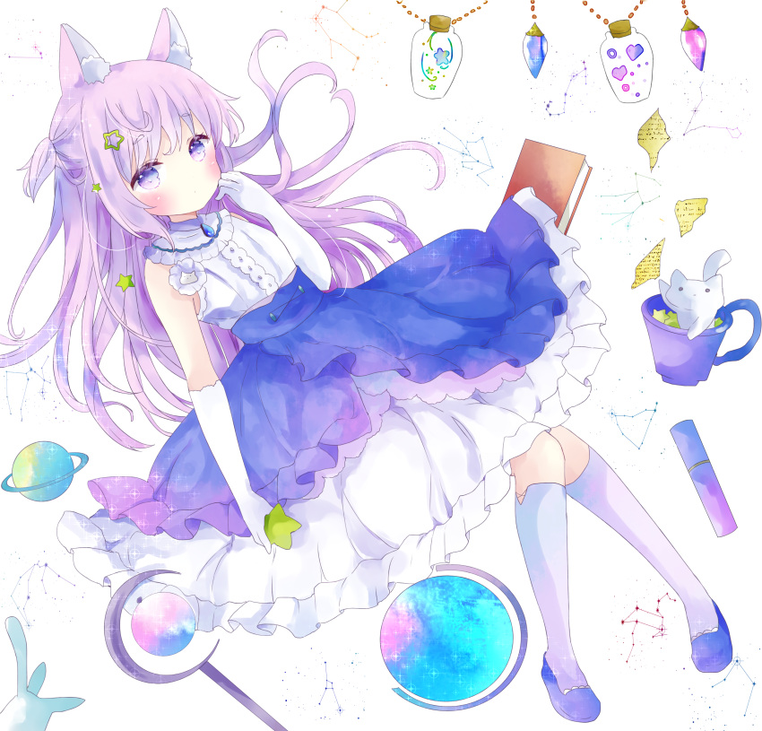 1girl absurdres animal animal_ear_fluff animal_ears bangs bare_shoulders blue_footwear blue_skirt blush bottle cat closed_mouth commentary constellation cup elbow_gloves eyebrows_visible_through_hair frilled_skirt frills gloves hair_ornament hand_up highres kneehighs long_hair one_side_up orb original pink_hair planet scepter shirt shoes short_eyebrows skirt sleeveless sleeveless_shirt solo star_(symbol) star_hair_ornament symbol_commentary tsukiyo_(skymint) very_long_hair violet_eyes white_background white_cat white_gloves white_legwear white_shirt