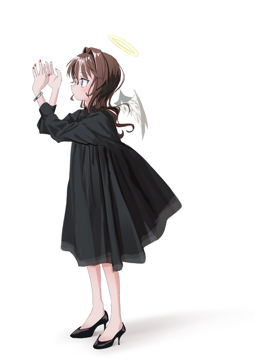 1girl absurdres angel_(nadegata) angel_wings black_dress bracelet brown_hair closed_mouth detached_wings dress feathered_wings fingernails from_side full_body hair_intakes halo hands_up highres jewelry long_dress long_hair long_sleeves looking_at_viewer nadegata nail_polish original red_nails simple_background solo violet_eyes white_background white_wings wings