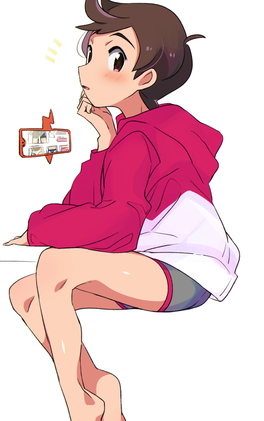 /\/\/\ 1boy barefoot blush briefs brown_eyes brown_hair chokutsuu_(menino) feet gen_4_pokemon highres hood hoodie looking_at_viewer masaru_(pokemon) pokemon pokemon_(game) pokemon_swsh rotom rotom_phone shopping simple_background sitting solo underwear white_background