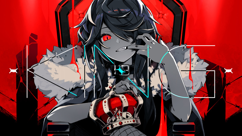 1girl bangs barbed_wire black_hair black_nails character_request commentary crown crown_removed eyebrows_visible_through_hair fangs finger_in_mouth fishnet_legwear fishnets fur_trim grin hair_over_one_eye head_tilt headwear_removed highres king_(vocaloid) knee_up looking_at_viewer mouth_pull nail_polish nou on_chair red_background red_eyes short_sleeves smile solo throne vocaloid wide_sleeves