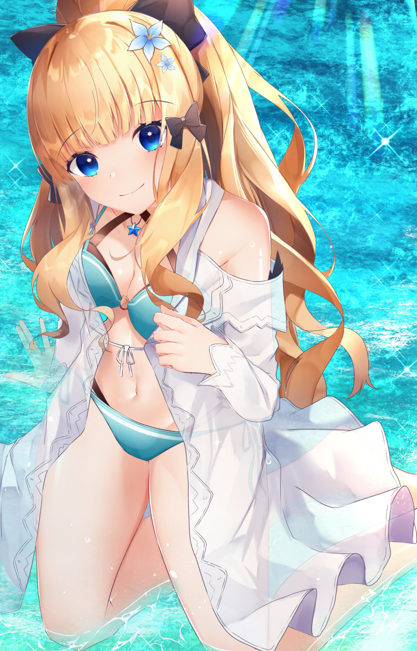 1girl absurdres bangs bikini black_bow blonde_hair blue_eyes blush bow breasts elf eyebrows_visible_through_hair flower hair_bow hair_flower hair_ornament highres large_breasts long_hair looking_at_viewer pointy_ears ponytail princess_connect! princess_connect!_re:dive saren_(princess_connect!) smile solo suisen-21 swimsuit