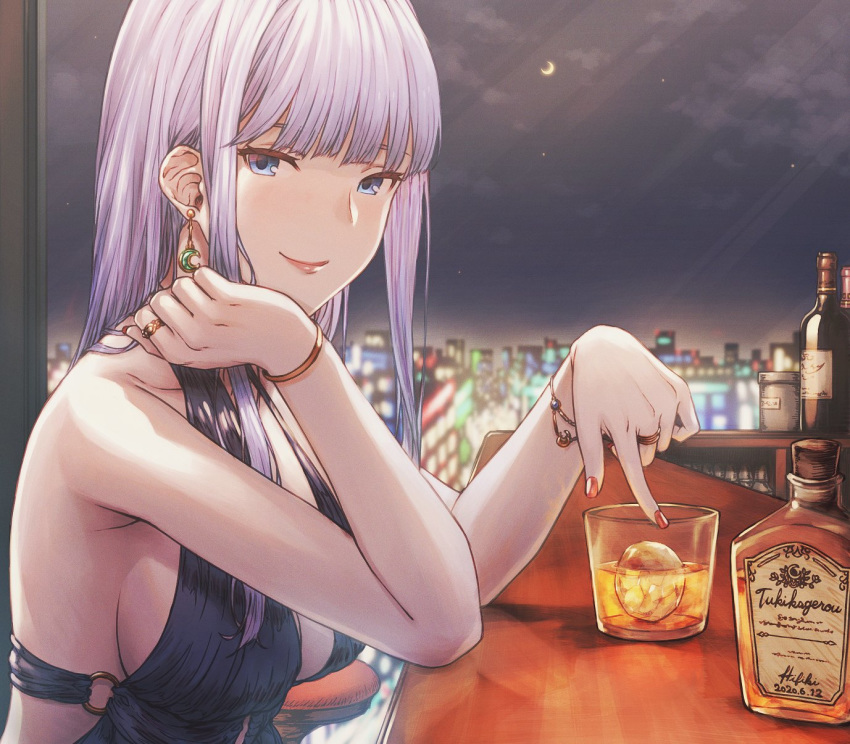 1girl alcohol alexandra_(suzuame_yatsumi) bangle bangs bar bare_shoulders blue_dress blue_eyes blush bottle bracelet breasts dress earrings elbow_rest glass halter_dress highres ice indoors jewelry large_breasts lavender_hair long_hair looking_at_viewer night o-ring original red_nails ring smile solo suzuame_yatsumi