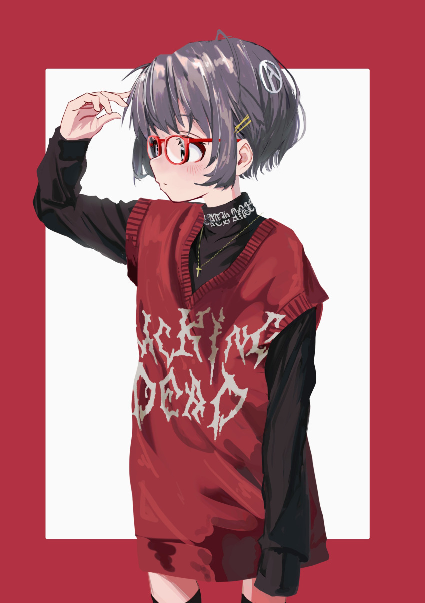 1girl absurdres arm_at_side blush border closed_mouth cowboy_shot cross cross_necklace from_side glasses grey_hair hair_ornament hand_up highres jewelry long_sleeves nadegata necklace original red-framed_eyewear red_border red_vest solo standing vest white_background