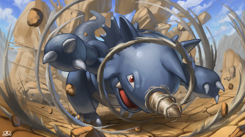 clouds commentary_request day fang gen_1_pokemon highres incoming_attack no_humans open_mouth outdoors pokemon pokemon_(creature) red_eyes rhydon rock sky solo supearibu tongue