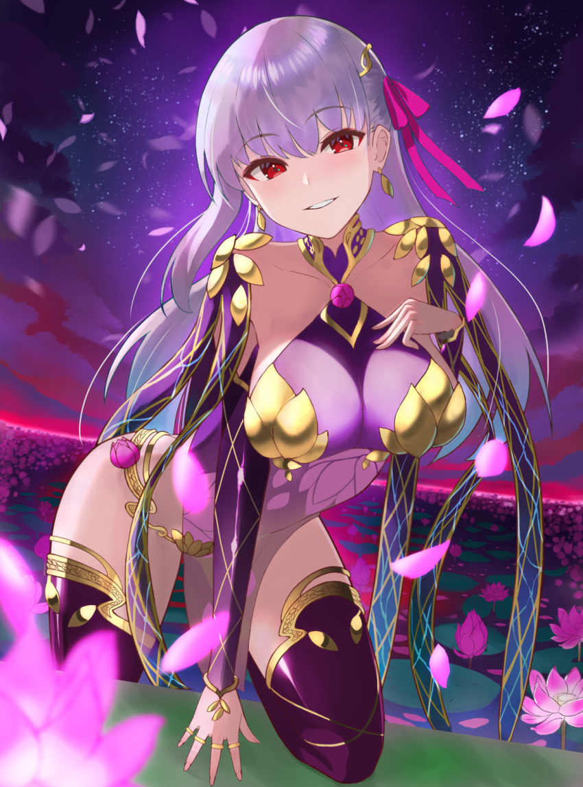 1girl armlet armor bangs bare_shoulders bikini_armor blue_sky blush bracelet breasts circlet collar collarbone detached_sleeves dress earrings evening fate/grand_order fate_(series) floral_print flower gradient_sky grin hair_ribbon halterneck highres inari_(ambercrown) jewelry kama_(fate/grand_order) large_breasts lily_pad long_hair looking_at_viewer lotus metal_collar night night_sky pelvic_curtain petals pink_ribbon purple_dress purple_legwear purple_sky purple_sleeves red_eyes ribbon ring silver_hair sky smile star_(sky) starry_sky thigh-highs thighlet thighs