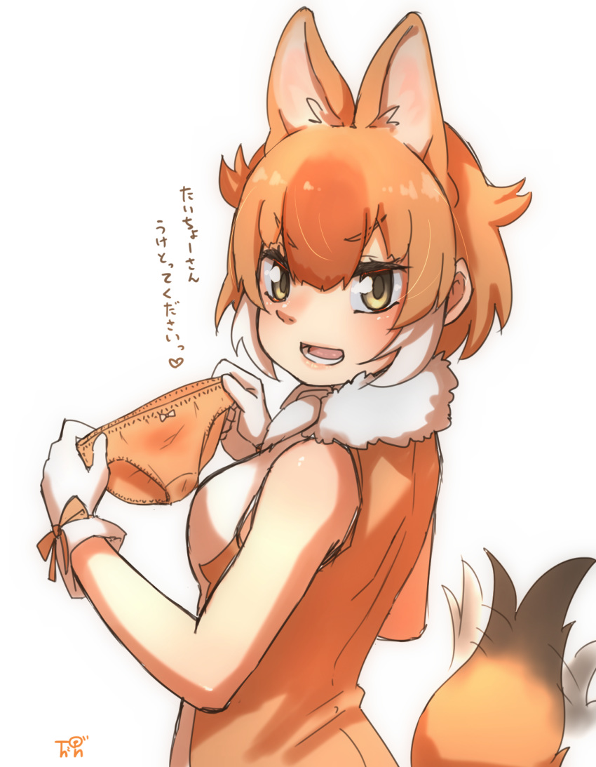 1girl animal_ears bangs bare_shoulders bow bow_panties brown_eyes commentary dhole_(kemono_friends) dog_ears dog_tail extra_ears eyebrows_visible_through_hair fur_collar gloves hair_between_eyes highres holding holding_clothes holding_panties holding_underwear kemono_friends looking_at_viewer multicolored_hair open_mouth orange_hair orange_panties panties panties_removed short_hair simple_background solo tail tail_wagging thin_(suzuneya) translated underwear white_background white_gloves white_hair
