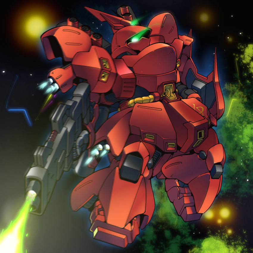 beam_rifle char's_counterattack chibi energy_gun firing gamiani_zero glowing glowing_eye green_eyes gun gundam holding holding_gun holding_weapon looking_down mecha no_humans one-eyed sazabi solo space v-fin weapon zeon