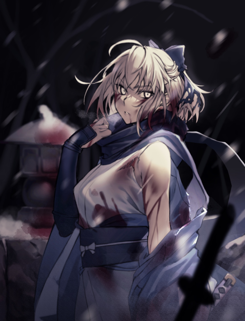 1girl absurdres ahoge blood blood_on_face bloody_clothes bow fate/grand_order fate_(series) hair_bow haori highres hiro_(hirohiro_gorira) huge_filesize japanese_clothes katana off_shoulder okita_souji_(fate) okita_souji_(fate)_(all) scarf snow sword torn_clothes weapon