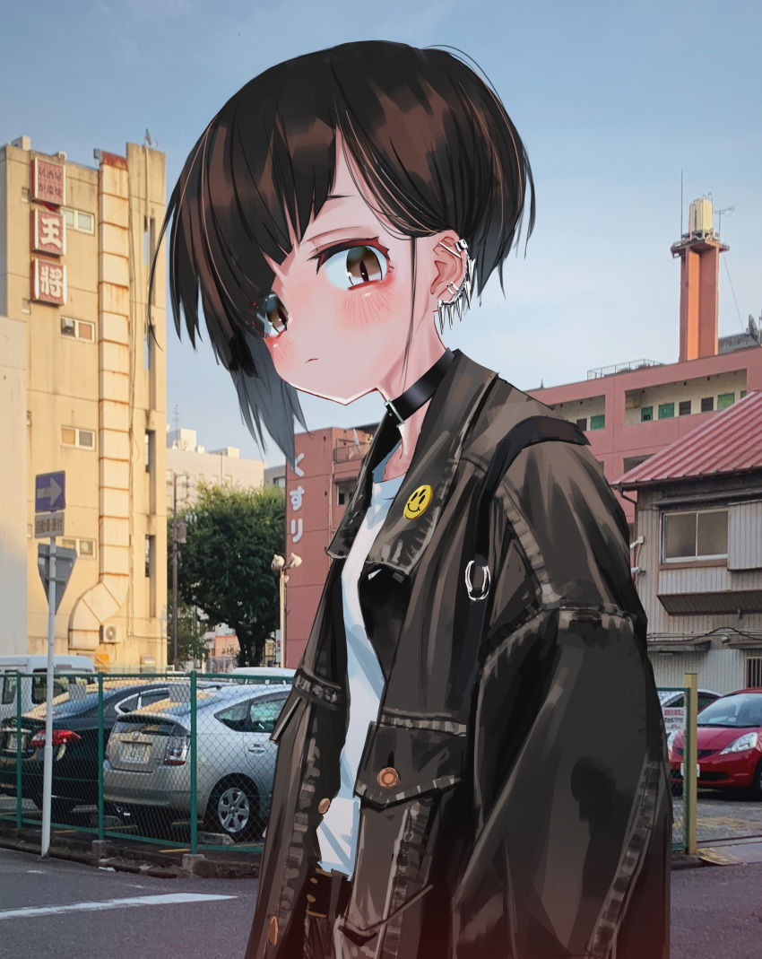 1girl absurdres bangs black_jacket blue_sky blush brown_eyes brown_hair car chain-link_fence closed_mouth day diagonal_bangs ear_clip ear_piercing earrings fence from_side ground_vehicle highres jacket jewelry long_sleeves looking_at_viewer looking_to_the_side motor_vehicle nadegata no_nose open_clothes open_jacket original outdoors photo_background piercing shirt short_hair sky smiley_face solo upper_body white_shirt