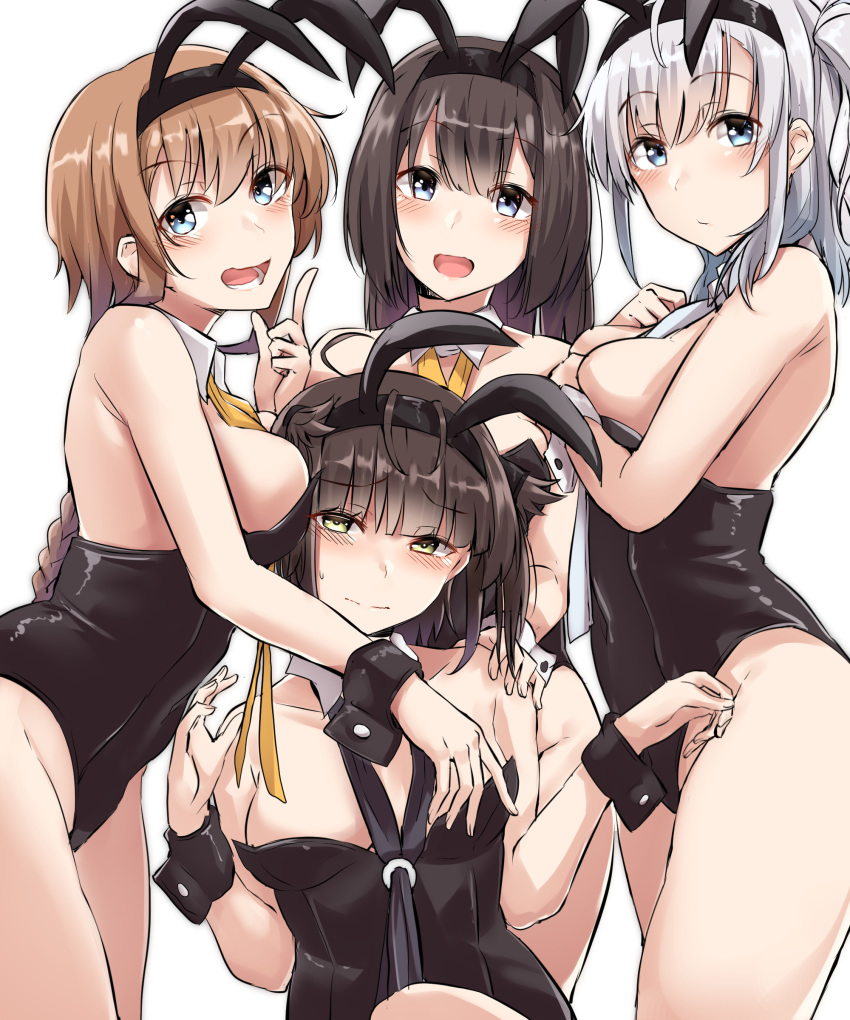 4girls absurdres akizuki_(kantai_collection) alternate_costume animal_ears black_hair black_legwear black_leotard blue_eyes blush braid breasts brown_eyes brown_hair bunnysuit closed_mouth collarbone detached_collar eyebrows_visible_through_hair fake_animal_ears grey_eyes hair_flaps hair_ornament hatsuzuki_(kantai_collection) headband highres kantai_collection kiritto leotard long_hair looking_at_viewer medium_breasts multiple_girls pantyhose propeller_hair_ornament rabbit_ears short_hair silver_hair simple_background small_breasts smile suzutsuki_(kantai_collection) teruzuki_(kantai_collection) twin_braids upper_body white_background wrist_cuffs