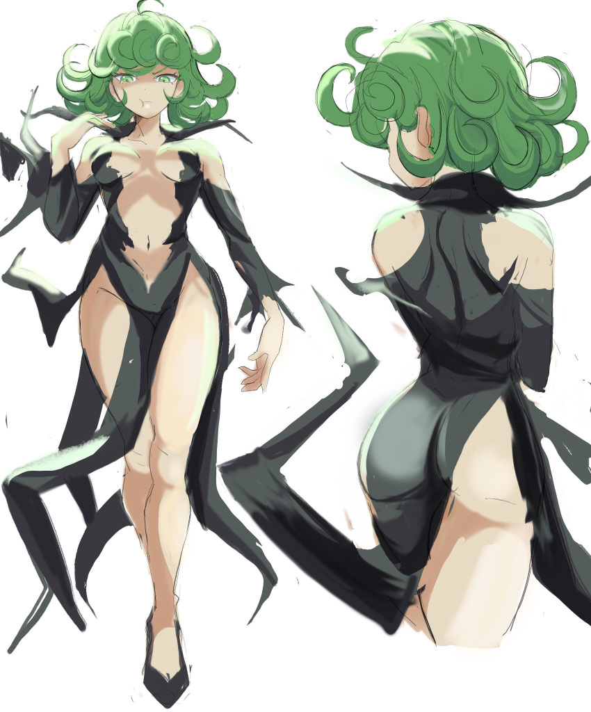 1girl ahoge alternate_costume ass back breasts dress green_eyes green_hair legs navel one-punch_man pout small_breasts tatsumaki