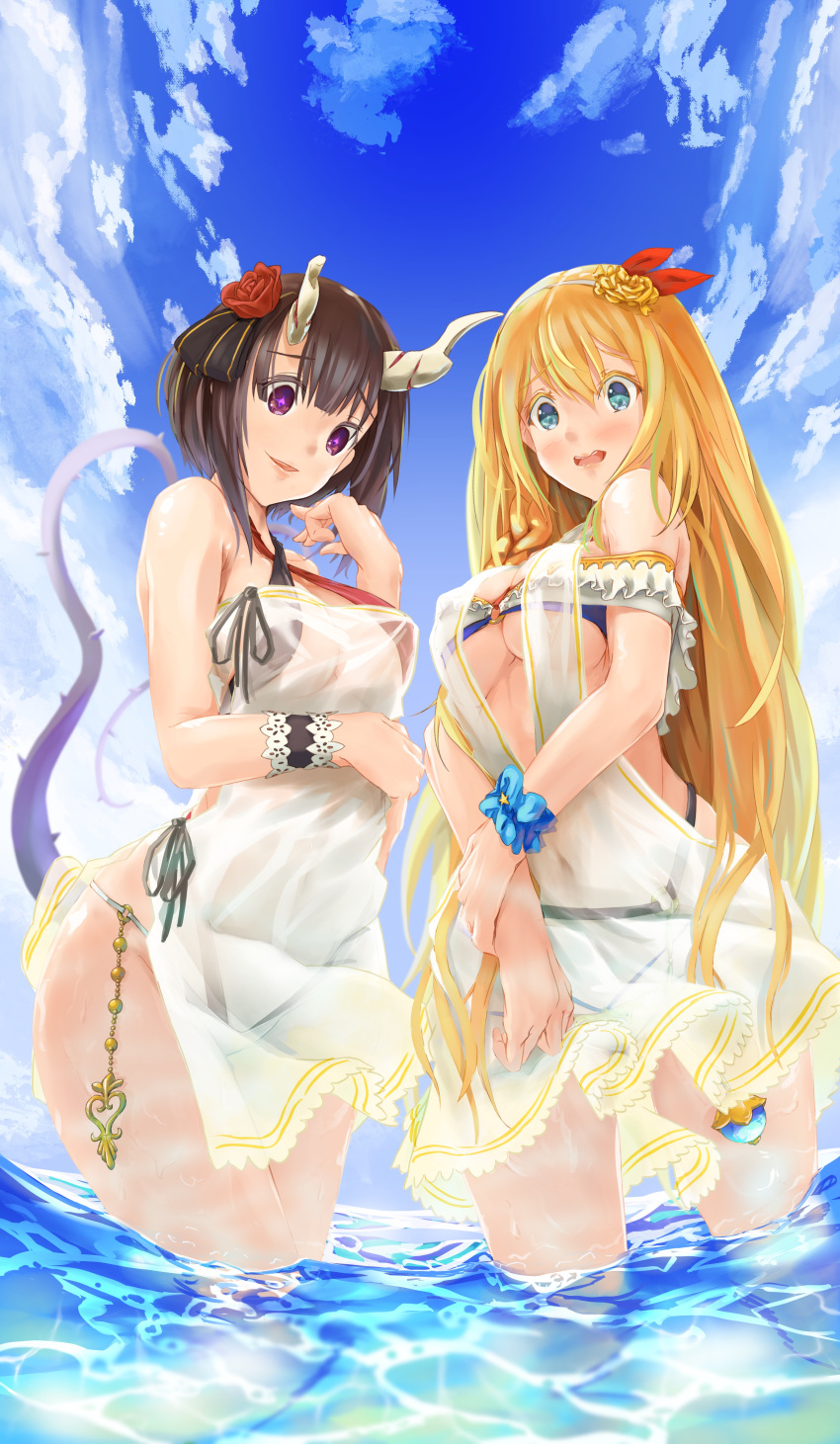 +_+ 2girls absurdres black_hair black_ribbon blonde_hair blue_eyes blue_sky blush breasts broken_horn clouds commentary_request criss-cross_halter demon_girl demon_horns dress eriko_(princess_connect!) flower hair_between_eyes hair_flower hair_ornament hair_ribbon halterneck highres horns large_breasts long_hair looking_at_viewer looking_down multiple_girls navel ocean onigiri_(artist) open_mouth orange_flower orange_rose outdoors partially_submerged pecorine princess_connect! princess_connect!_re:dive red_flower red_ribbon red_rose ribbon rose short_hair sky spiked_tail standing swimsuit swimsuit_under_clothes tail very_long_hair violet_eyes water white_dress
