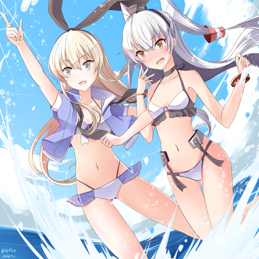 2girls absurdres amatsukaze_(kantai_collection) apron bikini blonde_hair blue_jacket blue_sky breasts brown_eyes clouds commentary_request dated day frilled_apron frills grey_eyes hair_tubes hebitsukai-san highres jacket kantai_collection long_hair multiple_girls navel ocean outdoors shimakaze_(kantai_collection) silver_hair sky small_breasts splashing standing swimsuit twitter_username two_side_up water white_bikini windsock