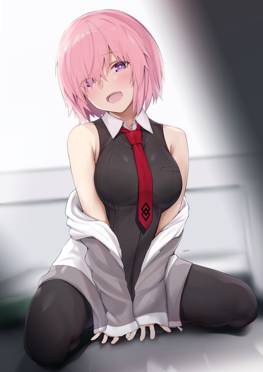 1girl absurdres bee_doushi black_dress black_legwear blush breasts dress fate/grand_order fate_(series) hair_over_one_eye highres jacket large_breasts lavender_hair long_sleeves looking_at_viewer mash_kyrielight necktie off_shoulder open_clothes open_jacket open_mouth pantyhose short_hair smile thighs violet_eyes