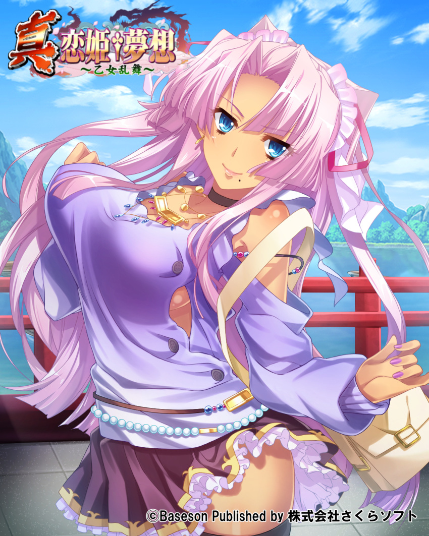 (#)w(#) 1girl bag black_legwear black_skirt blue_eyes breasts choker clouds forehead hair_intakes highres jewelry koihime_musou large_breasts long_hair miniskirt mole mole_under_mouth necklace official_art outdoors pink_hair ponytail purple_shirt shirt skirt sky smile solo sonsaku thigh-highs thighs very_long_hair wind wind_lift