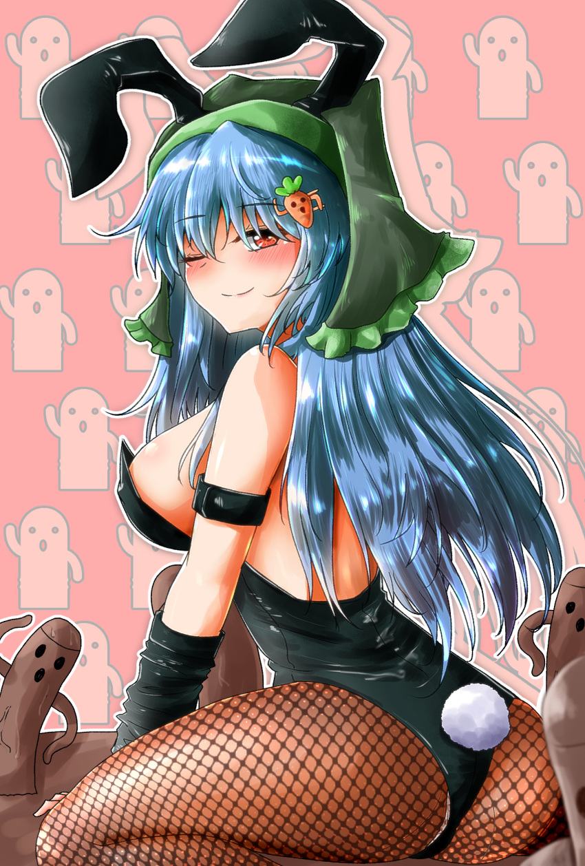 1girl alternate_costume animal_ears ass bare_shoulders black_legwear black_leotard blue_hair blush breasts bunny_tail bunnysuit carrot_hair_ornament closed_mouth commentary fake_animal_ears fake_tail fishnet_legwear fishnets food_themed_hair_ornament hair_ornament haniwa_(statue) haniyasushin_keiki head_scarf highres large_breasts leotard long_hair looking_at_viewer one_eye_closed oshiaki pantyhose patterned_background pink_background rabbit_ears red_eyes sideboob sitting smile solo tail touhou