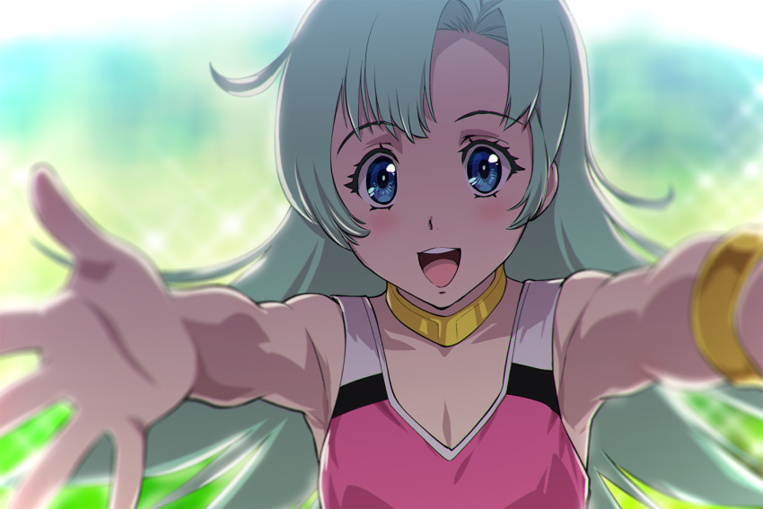 1girl :d android bangs blue_eyes blurry blurry_background bracelet choujikuu_seiki_orguss collar day green_hair jewelry long_hair looking_at_viewer mome_(orguss) open_mouth outdoors outstretched_arms parted_bangs smile solo ueyama_michirou upper_body