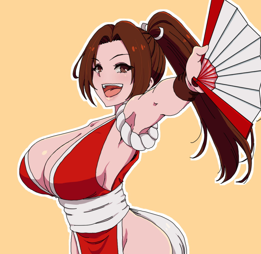 1girl breasts brown_hair fan fatal_fury large_breasts long_hair okazunoridesuyo open_mouth ponytail revealing_clothes shiranui_mai solo the_king_of_fighters
