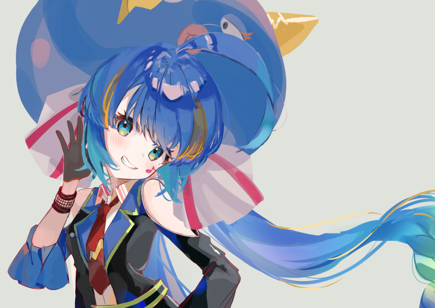 1girl absurdres ahoge black_gloves black_jacket blue_eyes blue_hair blue_headwear bracelet braid commentary eel_hat eighth_note facial_tattoo gloves grin hair_ribbon hand_on_hip hand_up highres jacket jewelry large_hat long_hair musical_note necktie note55885 otomachi_una red_neckwear ribbon shoulder_cutout smile solo tattoo upper_body very_long_hair vocaloid