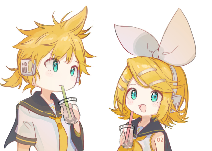 1boy 1girl absurdres aqua_eyes bangs bare_shoulders bass_clef black_collar blonde_hair bow bubble_tea chibi collar commentary cup disposable_cup drink drinking_straw hair_bow hair_ornament hairclip headphones highres holding holding_cup holding_drink kagamine_len kagamine_rin looking_at_another neckerchief necktie note55885 open_mouth raised_eyebrow sailor_collar school_uniform shirt short_hair short_ponytail short_sleeves shoulder_tattoo sleeveless sleeveless_shirt smile spiky_hair swept_bangs tattoo treble_clef upper_body vocaloid white_background white_bow white_shirt yellow_neckwear