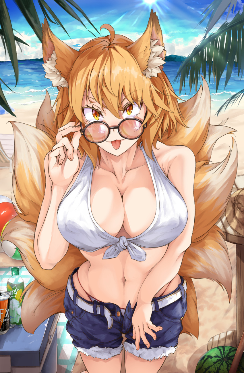 1girl :p absurdres ahoge animal_ear_fluff animal_ears ball beach bikini bikini_bottom bikini_top blonde_hair blue_shorts blue_sky bottle breasts buttons can closed_mouth clouds commentary_request day denim denim_shorts fox_ears fox_tail front-tie_top glasses highres large_breasts looking_at_viewer mahimaru multiple_tails navel ocean open_clothes open_fly open_shorts outdoors sand short_hair shorts sky slit_pupils smile solo sun swimsuit tail tongue tongue_out touhou unbuttoned white_bikini yakumo_ran yellow_eyes