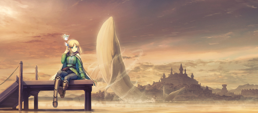 2girls absurdres adjusting_hair arm_support bangs belt_pouch black_pants blonde_hair boots breasts cape castle clouds cloudy_sky cover_image dawn elf fairy feathers green_eyes green_jacket hair_feathers hairband highres jacket keena_(leadale_no_daichi_nite) knee_boots landscape leadale_no_daichi_nite long_hair long_sleeves looking_at_viewer multiple_girls novel_illustration ocean official_art outdoors pants pier pointy_ears pouch shoe_soles sidelocks sitting sky smile tenmaso textless whale white_cape wide_shot