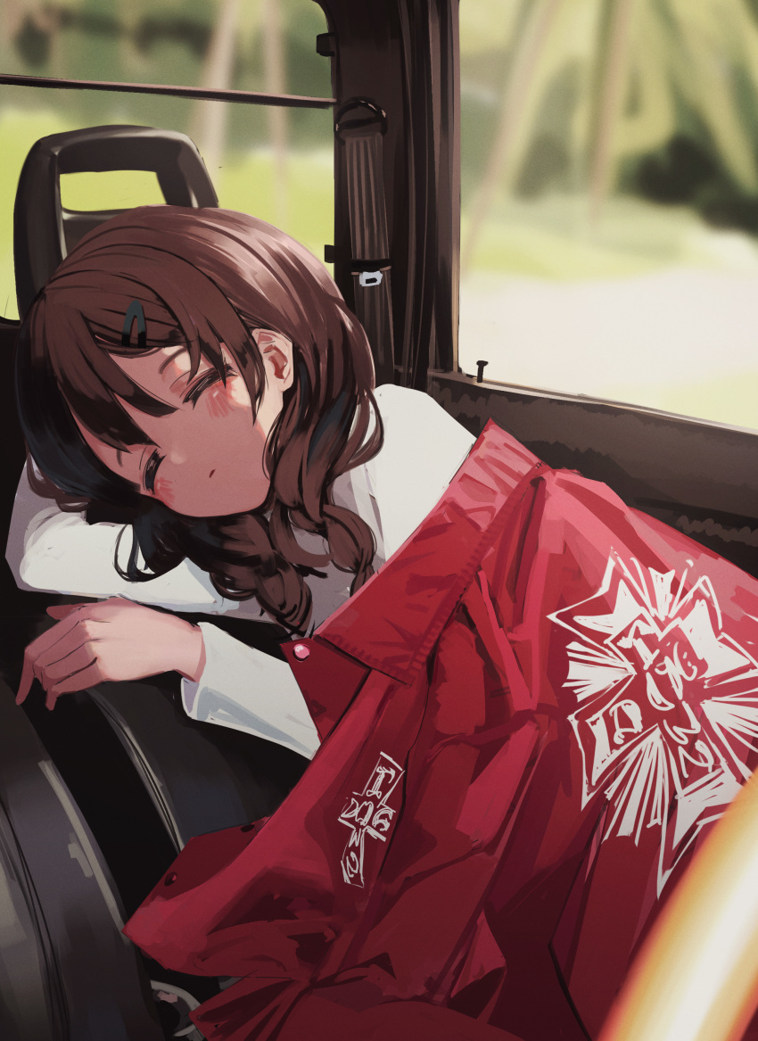 1girl absurdres arm_pillow blurry blurry_background brown_hair car_interior closed_eyes closed_mouth depth_of_field hair_ornament hairclip highres jacket jacket_removed long_hair long_sleeves lying nadegata on_side original red_jacket sleeping solo sweater white_sweater