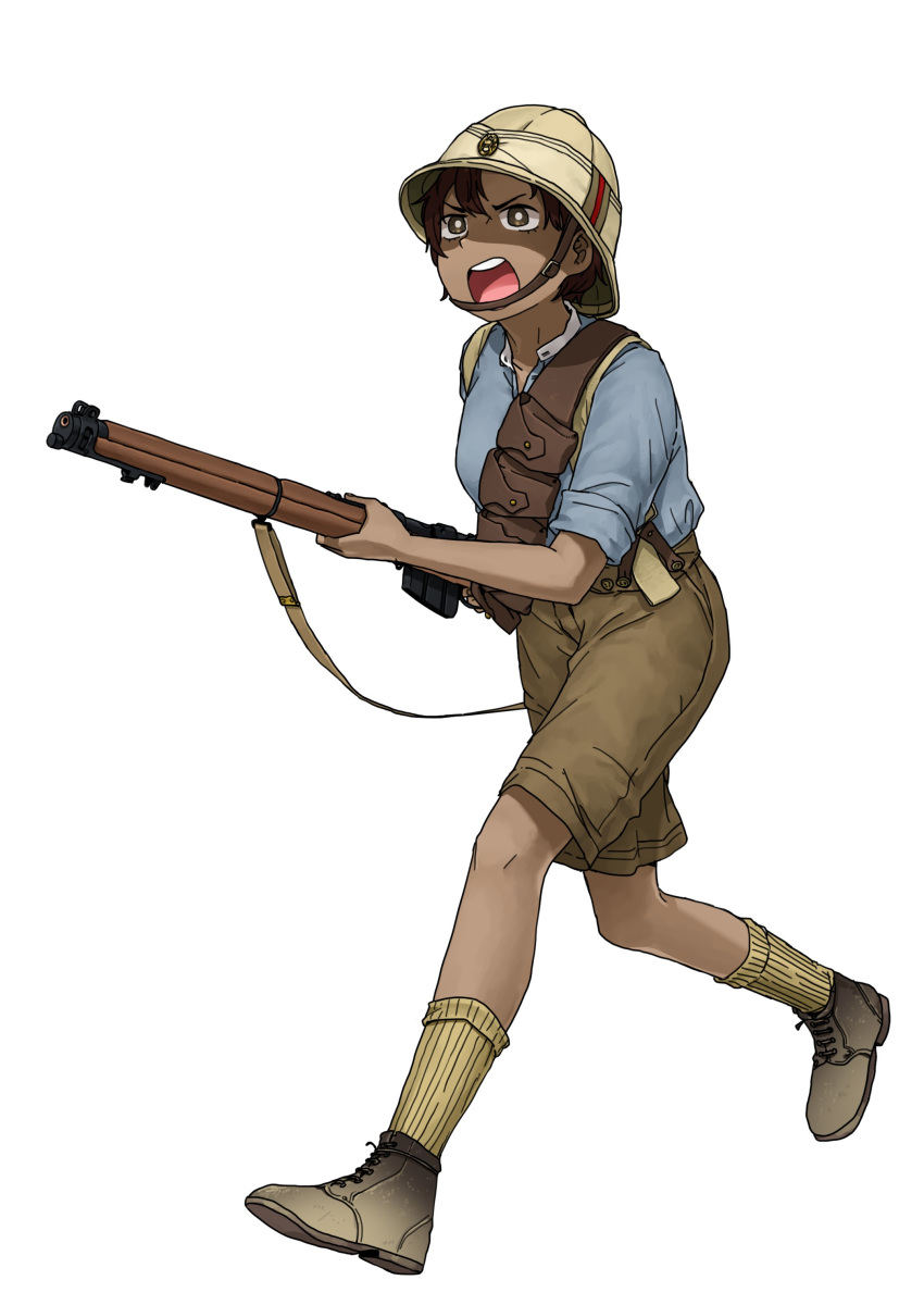 1girl absurdres anyan_(jooho) blue_shirt brown_eyes brown_footwear brown_hair brown_legwear brown_shorts buttons dark_skin full_body gun helmet highres holding holding_weapon military military_uniform open_mouth original pith_helmet pouch rifle running shirt shirt_tucked_in shoes shorts simple_background sleeves_rolled_up socks solo suspenders teeth uniform weapon white_background world_war_i
