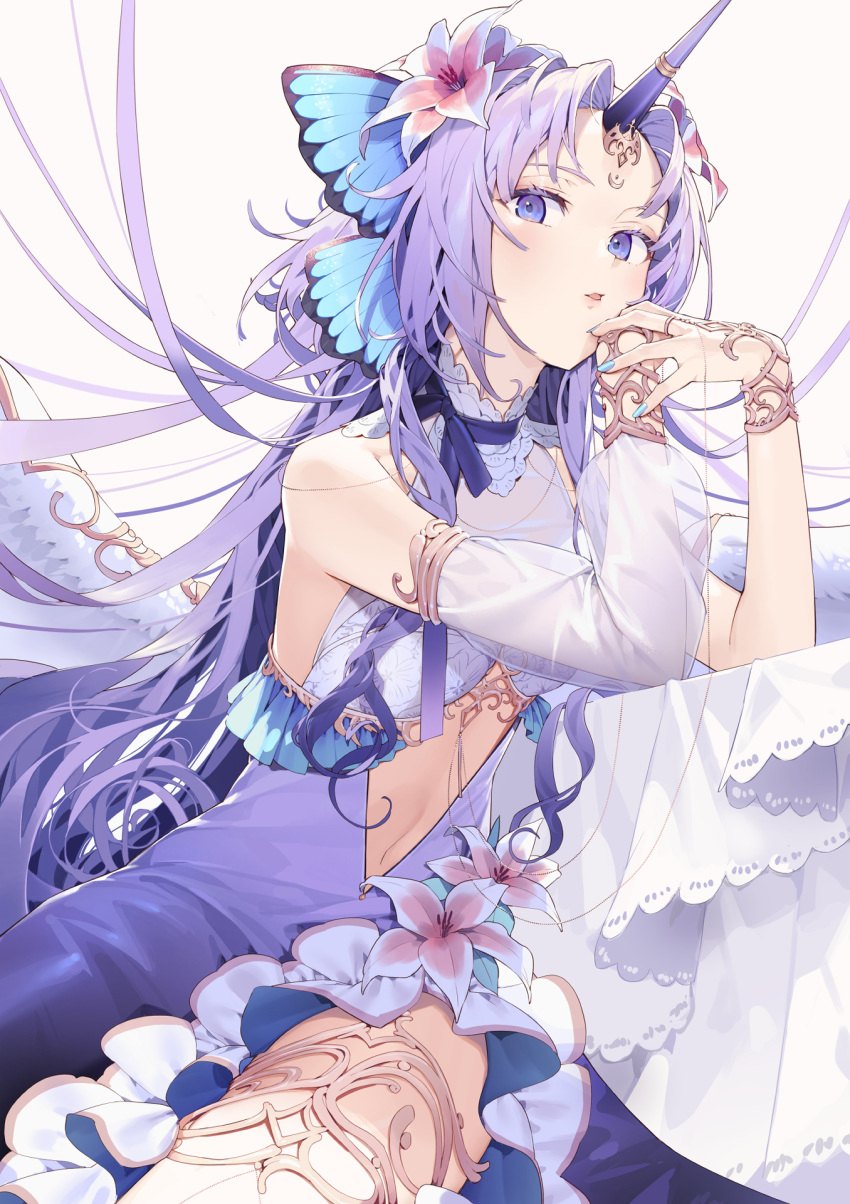 1girl blue_eyes butterfly_hair_ornament detached_sleeves dress floating_hair flower hair_flower hair_ornament hands_together highres horns long_hair looking_at_viewer looking_down lotus midriff midriff_cutout misoni_comi navel original purple_dress purple_hair single_horn single_sleeve sitting solo