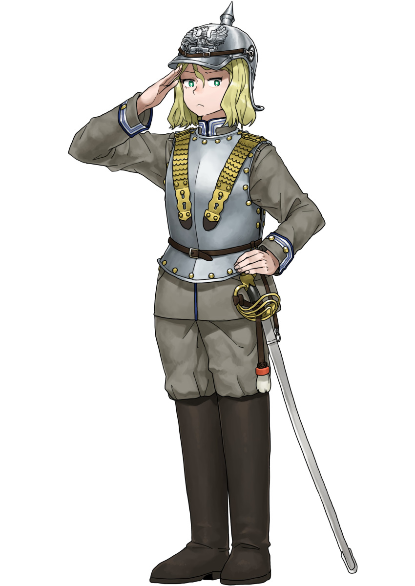 1girl absurdres anyan_(jooho) armor belt black_footwear blonde_hair boots closed_mouth full_body green_eyes grey_headwear grey_jacket grey_pants hand_on_hip helmet highres jacket long_sleeves looking_at_viewer military military_uniform original pants plate_armor salute sheath sheathed simple_background solo standing sword thigh-highs thigh_boots uniform weapon white_background world_war_i