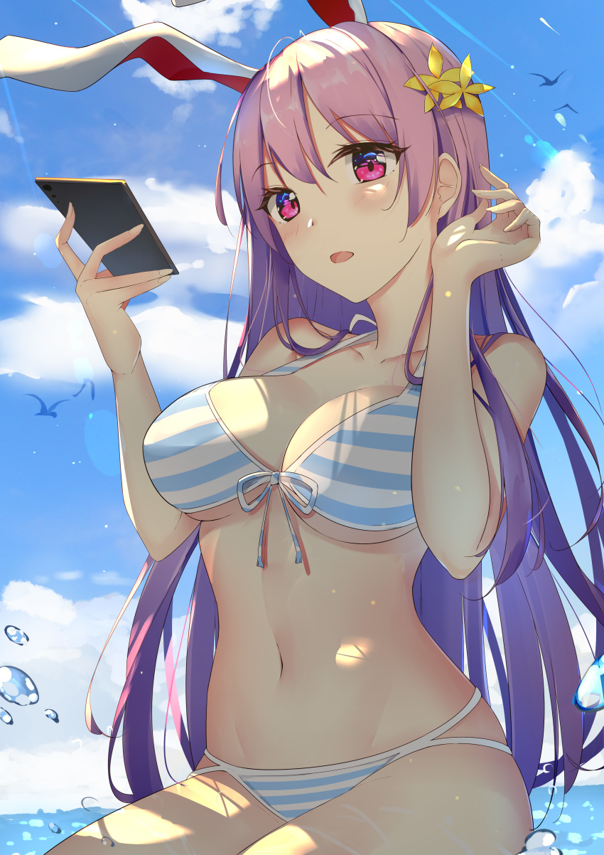 1girl absurdres air_bubble animal_ears bare_arms bare_shoulders bikini bird blue_bikini blue_sky breasts bubble cellphone clouds day diving_penguin flower front-tie_bikini front-tie_top hair_flower hair_ornament halter_top halterneck hands_up highres holding holding_phone large_breasts long_hair looking_at_viewer navel outdoors parted_lips phone pink_eyes purple_hair rabbit_ears reisen_udongein_inaba sitting sky smartphone solo stomach striped striped_bikini summer sunlight swimsuit touhou yellow_flower