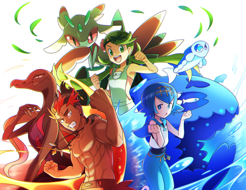 1boy 2girls :d :o abs bangs black_hair blue_eyes blue_hair blue_sailor_collar clenched_teeth collarbone commentary_request dark_skin dark_skinned_male fire flower gen_7_pokemon green_eyes green_hair hair_flower hair_ornament hairband hands_up kaki_(pokemon) leaf lobolobo2010 long_hair looking_at_viewer lurantis mallow_(pokemon) multicolored_hair multiple_girls no_sclera one-piece_swimsuit open_mouth pokemon pokemon_(creature) pokemon_(game) pokemon_sm redhead sailor_collar salazzle shirt shirtless short_hair sleeveless smile suiren_(pokemon) swept_bangs swimsuit swimsuit_under_clothes teeth tongue trial_captain twintails water wishiwashi wishiwashi_(school) wishiwashi_(solo)