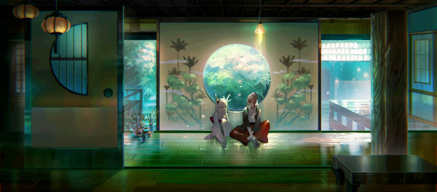 2girls absurdres antlers bangs braid brown_eyes brown_hair closed_mouth commentary_request eyebrows_visible_through_hair green_eyes grey_legwear hair_between_eyes hakama_pants highres indoors japanese_clothes kimono knee_up long_hair long_sleeves multiple_girls no_shoes on_floor ori_(momonimo) original pants plant ponytail potted_plant red_pants round_window side_braid sitting sleeves_past_wrists smile socks twin_braids white_hair white_kimono wide_sleeves wooden_floor