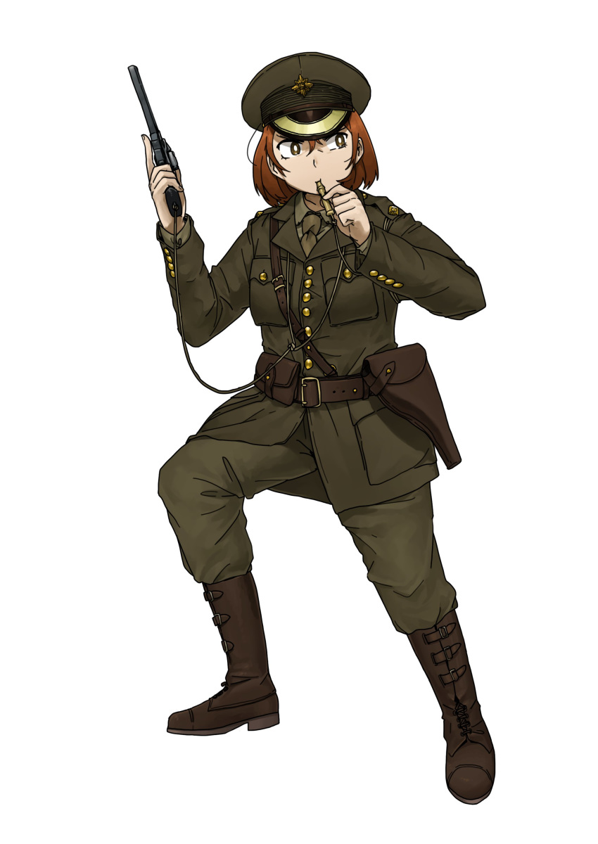 1girl absurdres anyan_(jooho) belt belt_pouch blowing_whistle boots brown_eyes brown_footwear brown_hair brown_headwear brown_jacket brown_pants buttons full_body gun handgun hat highres holding holding_weapon holster jacket military military_uniform necktie original pants peaked_cap pistol pouch short_hair simple_background solo standing uniform weapon whistle white_background