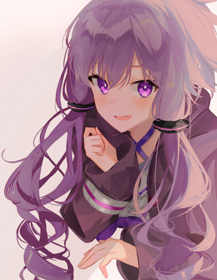 1girl absurdres commentary criss-cross_halter hair_tubes halterneck highres jacket long_hair looking_at_viewer note55885 open_mouth purple_hair purple_jacket sidelocks smile solo violet_eyes vocaloid voiceroid yuzuki_yukari